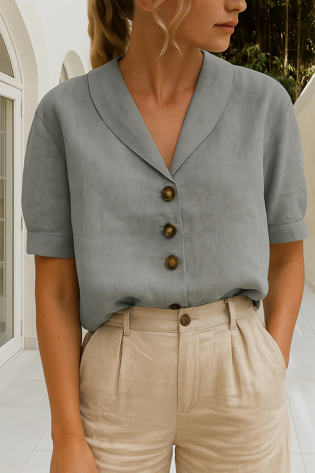 Achterkant dames blouse met V-hals en soepele stof die natuurlijk valt over de schouders