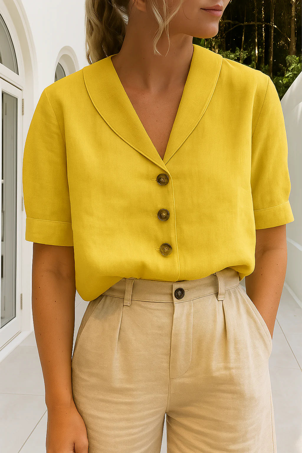 Detail van omgeslagen manchet aan korte mouw van dames blouse met nette afwerking
