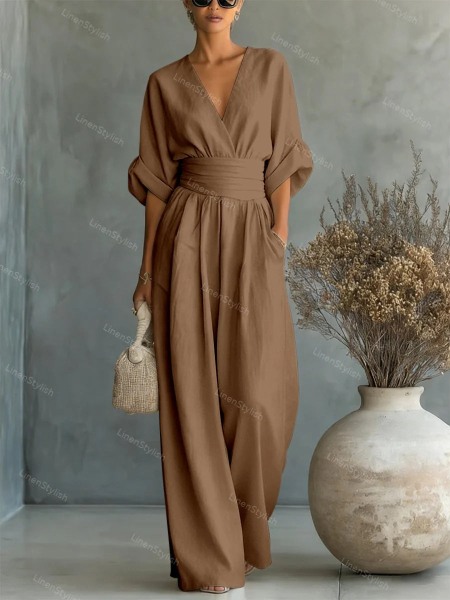Sanne | Jumpsuit met V-Hals en Wijde Pijpen Khaki