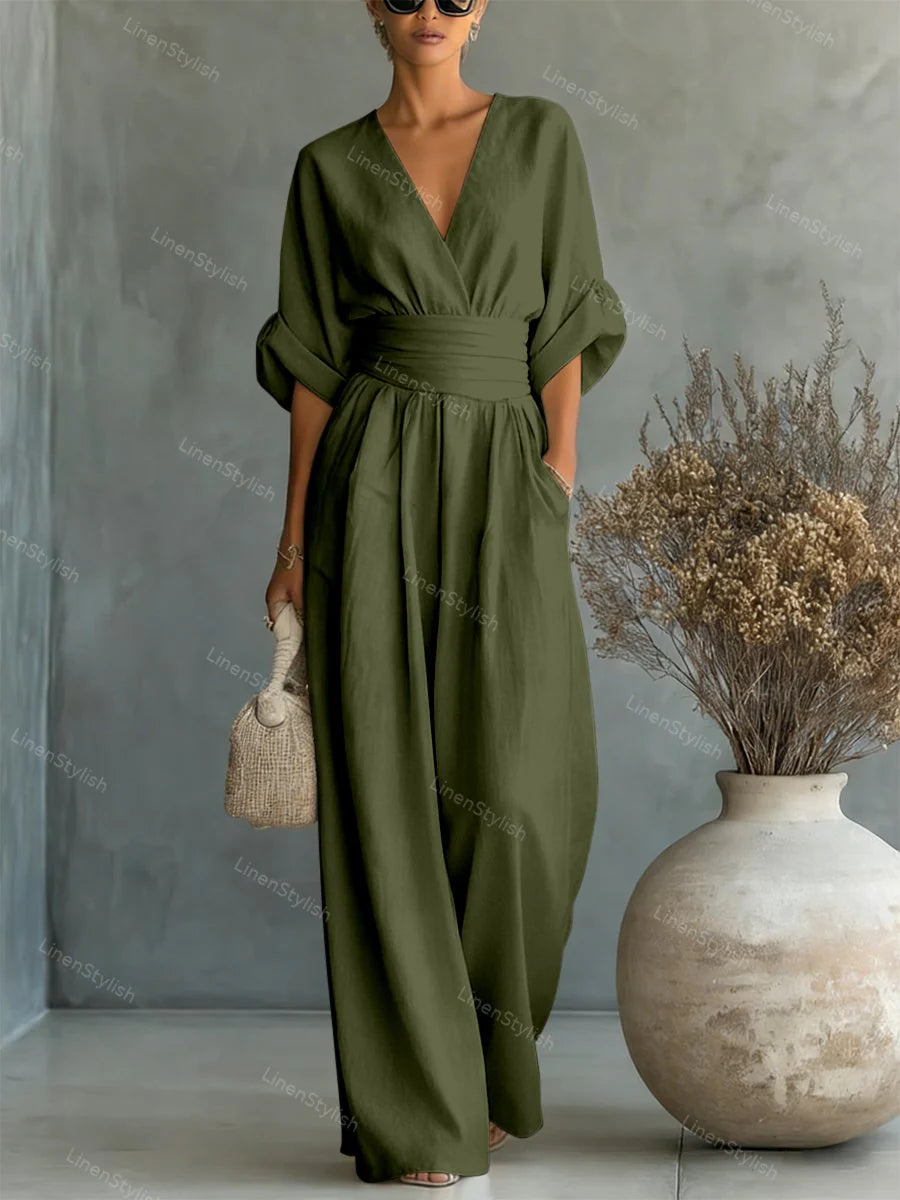 Sanne | Jumpsuit met V-Hals en Wijde Pijpen Legergroen