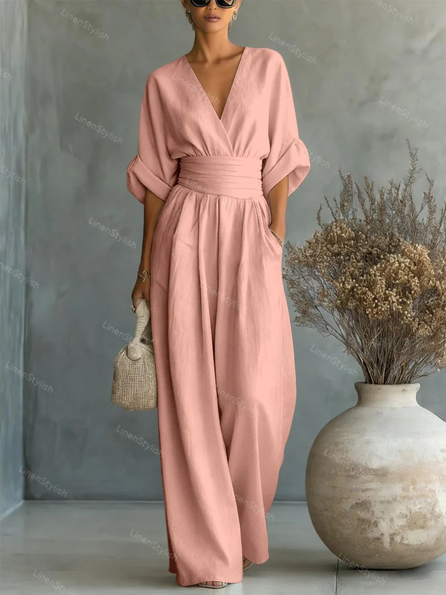 Sanne | Jumpsuit met V-Hals en Wijde Pijpen Roze