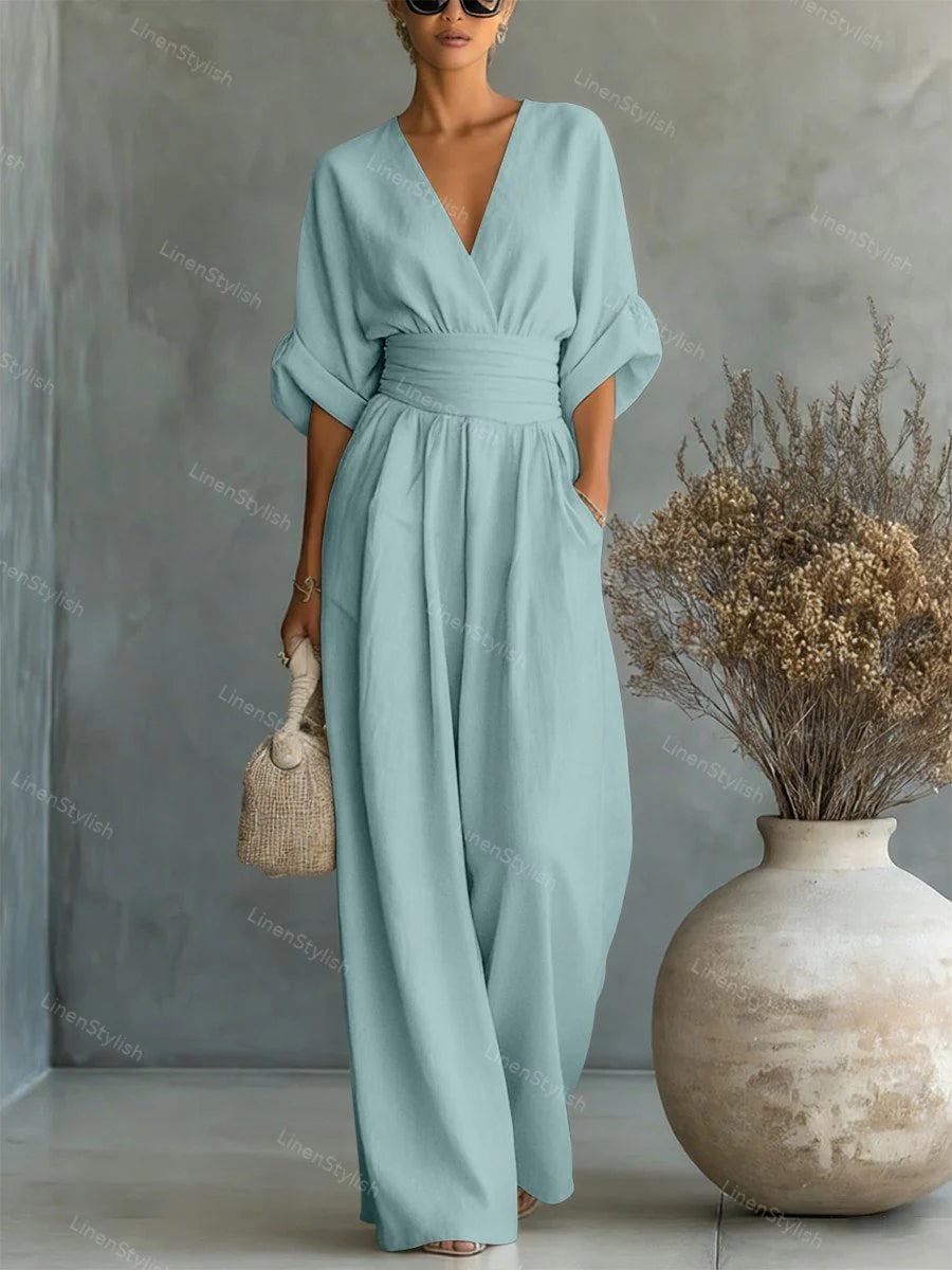 Sanne | Jumpsuit met V-Hals en Wijde Pijpen Blauw