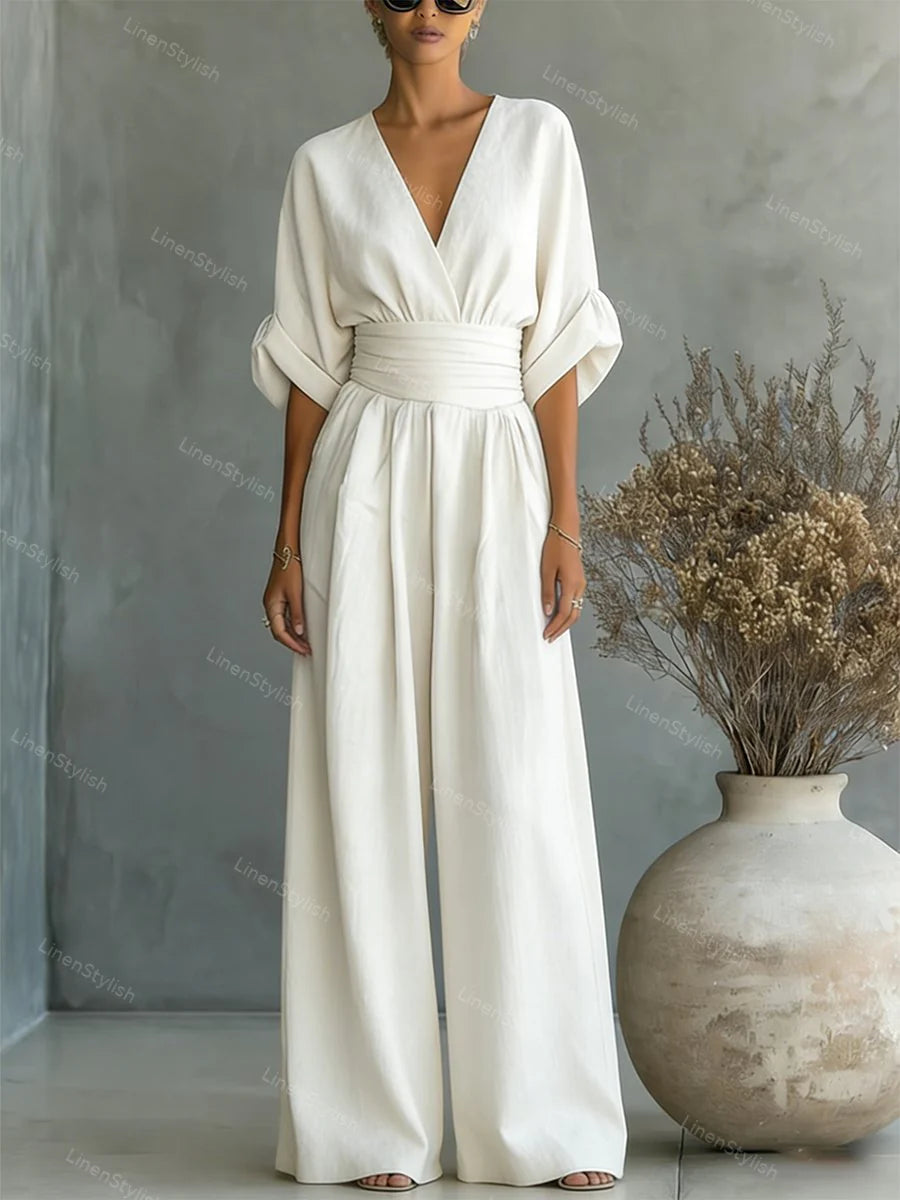 Sanne | Jumpsuit met V-Hals en Wijde Pijpen Wit