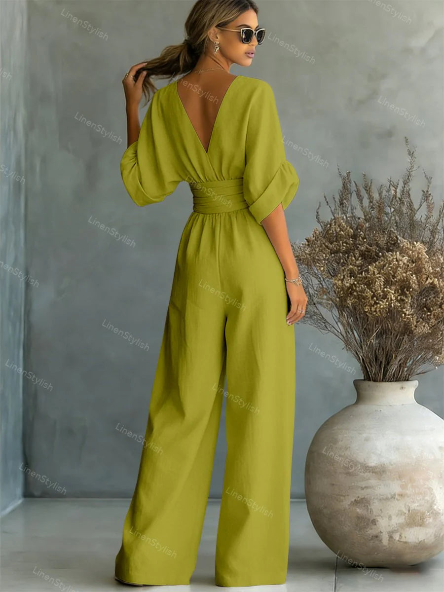 Sanne | Jumpsuit met V-Hals en Wijde Pijpen