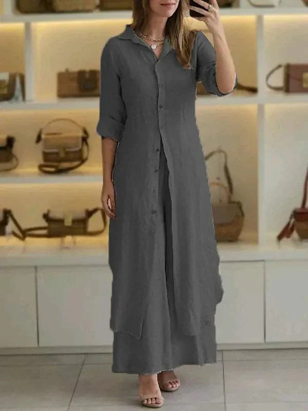 Sanne | Linnen Maxi Blousejurk met Knopen Donkergrijs