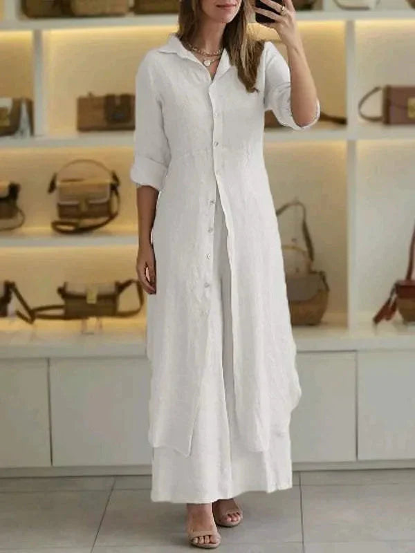 Sanne | Linnen Maxi Blousejurk met Knopen Wit