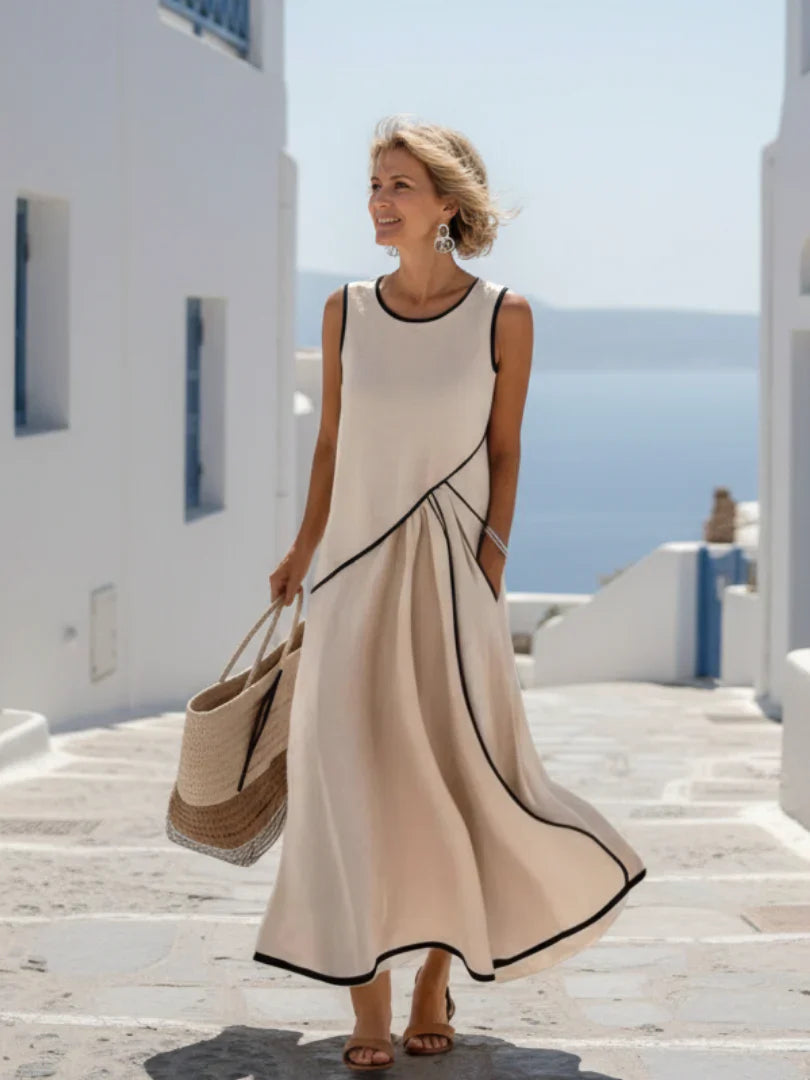 Sanne | Maxi Jurk Mouwloos met Contrastbies Beige