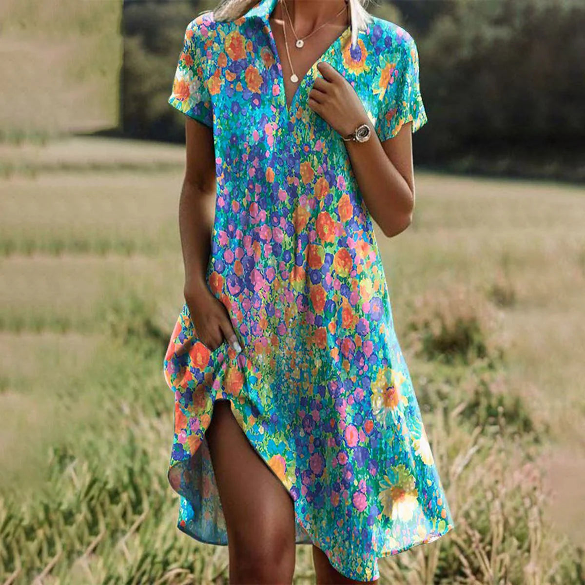 Zomerjurk met kleurrijke bloemenprint in blauw, oranje en roze tinten, midi-lengte met asymmetrische zoom en V-hals