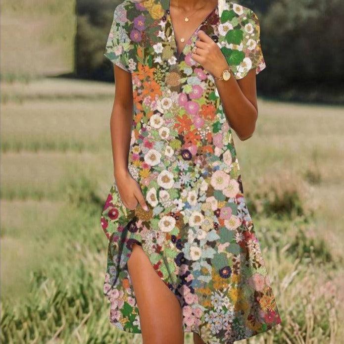 Kleurrijke bloemenprint jurk met relaxed fit, korte mouwen en luchtige stof voor casual zomeroutfits
