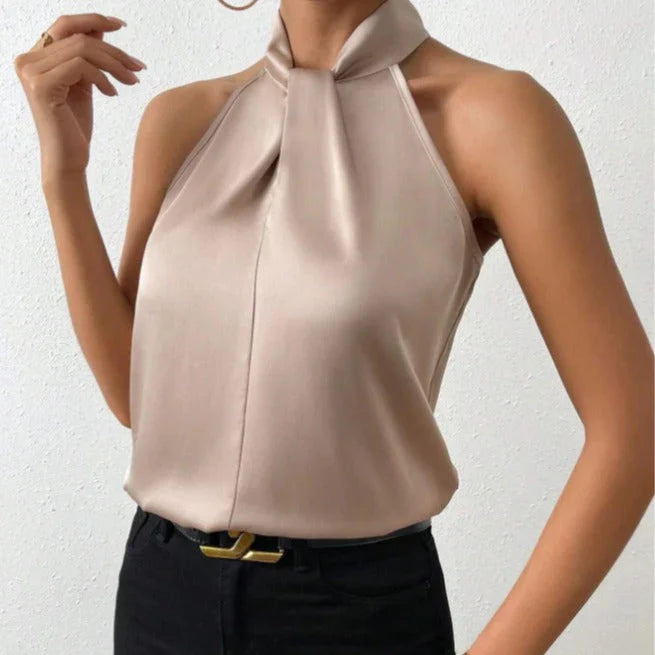Sara | Haltertop Mouwloos Gedraaide Hals Camel