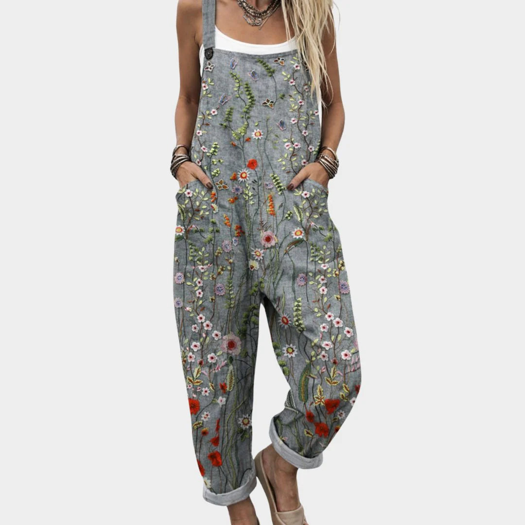 Sofie | Dames Boho Linnen Jumpsuit met Bloemenprint Grijs bloemig