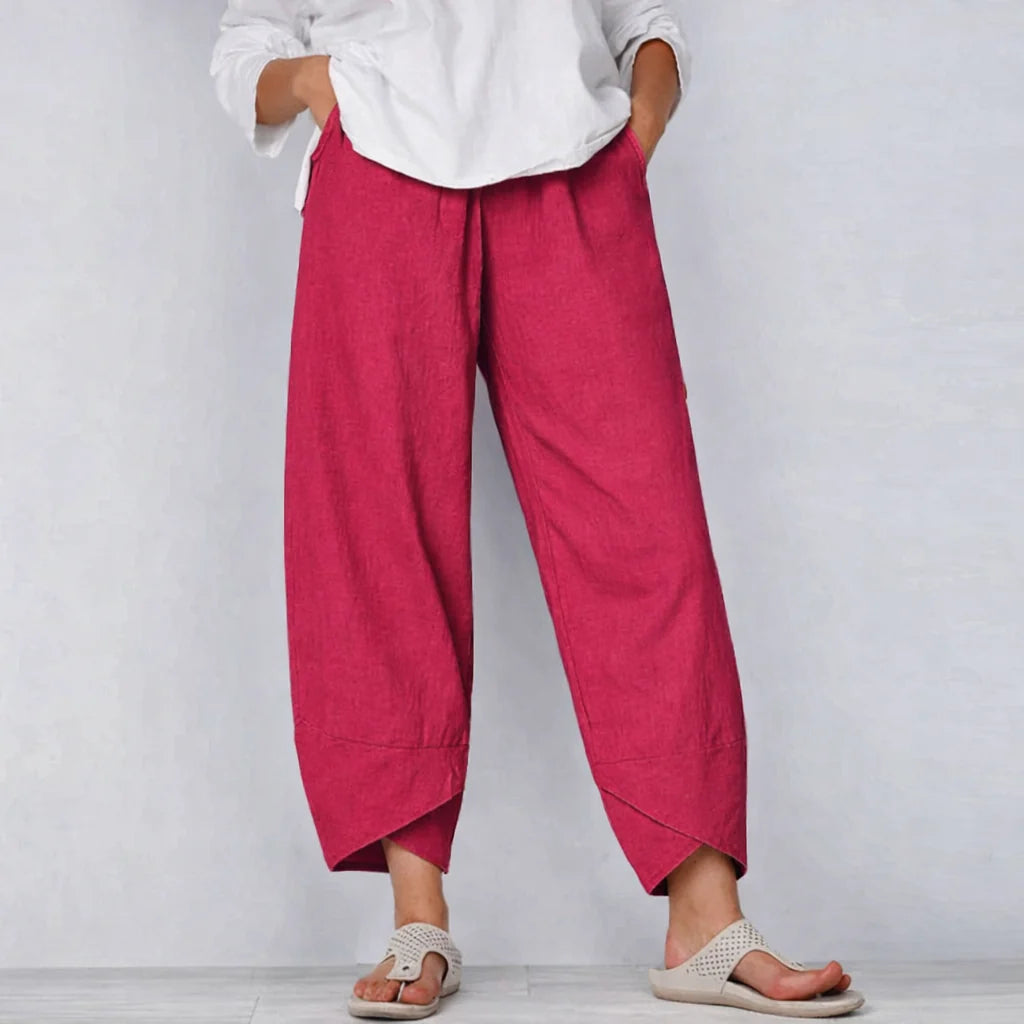 Dames linnen broek met relaxed fit en speelse gekruiste zoom aan de enkels