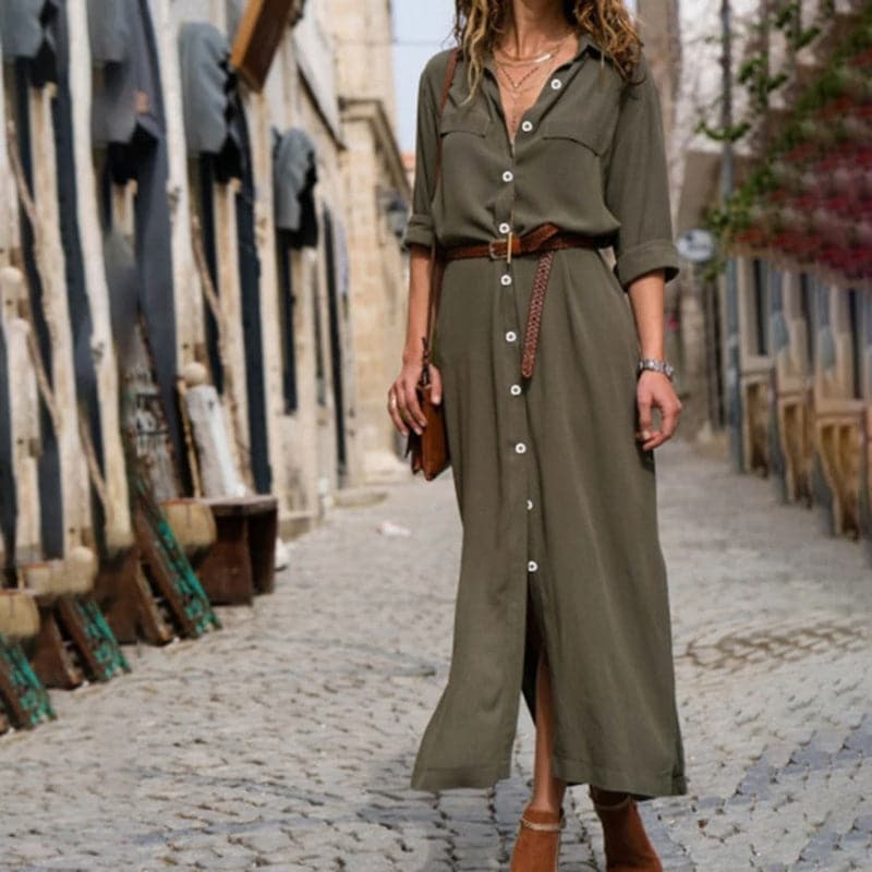 Sofie | Dames Overhemd Midi Jurk met Riem Groen