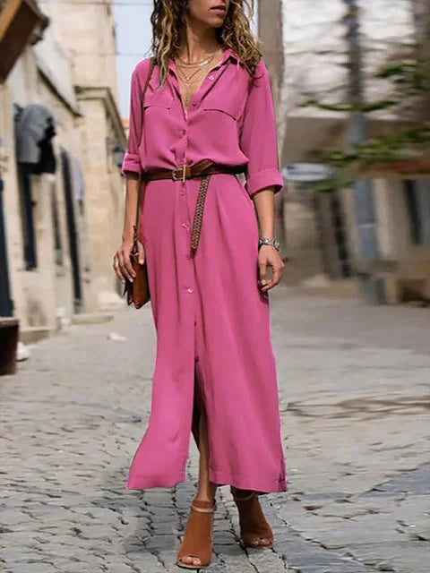 Sofie | Dames Overhemd Midi Jurk met Riem Roze
