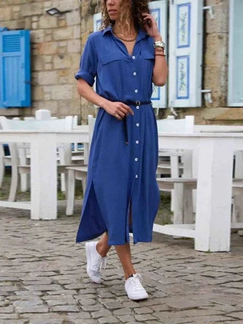 Sofie | Dames Overhemd Midi Jurk met Riem Blauw