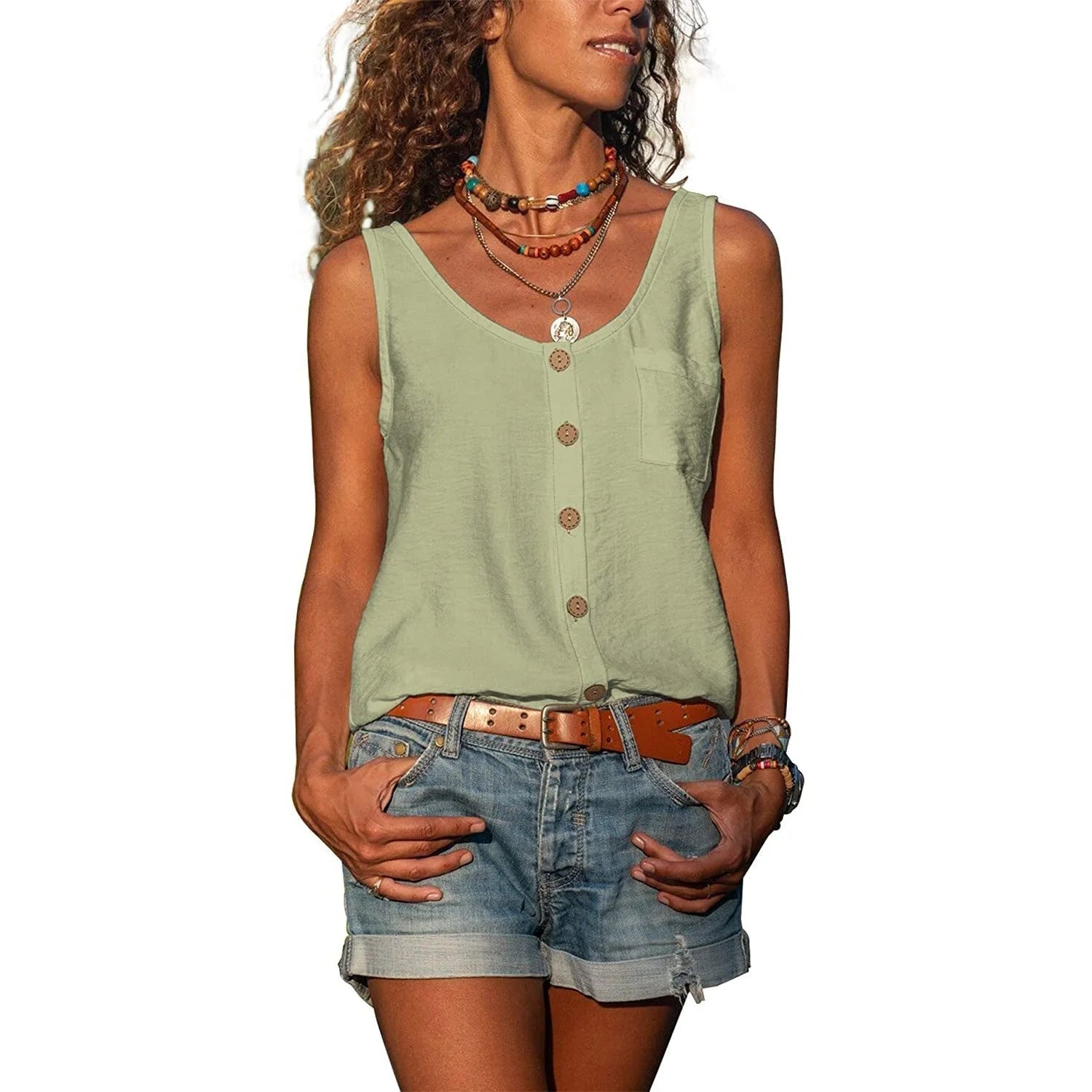 Blauwe dames tank top met knoopsluiting, geschikt voor zomerdagen