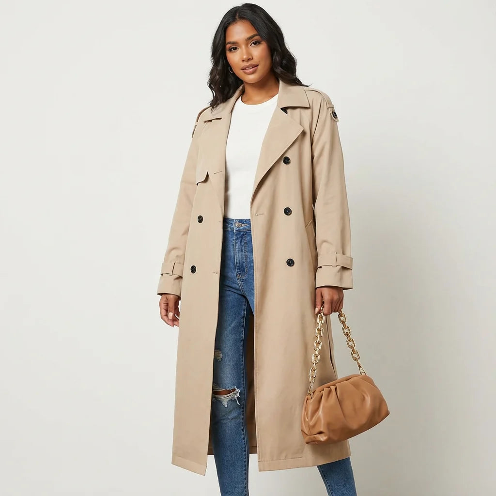 Dames Trenchcoat Lange Pasvorm Klassieke Knopenlijst Casual Formeel in beige met dubbele knopenlijst en verstelbare manchetten