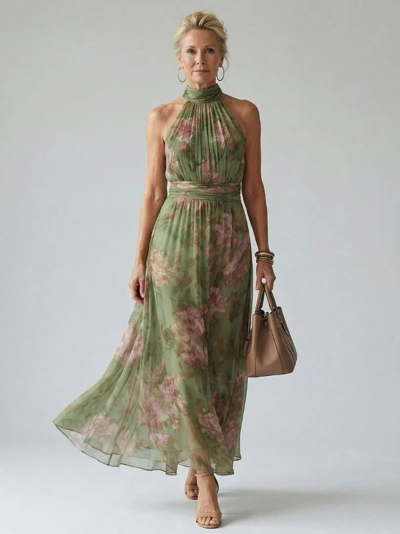 Sofie | Halter Midi Jurk Geplooid Lijfje Saliegroen