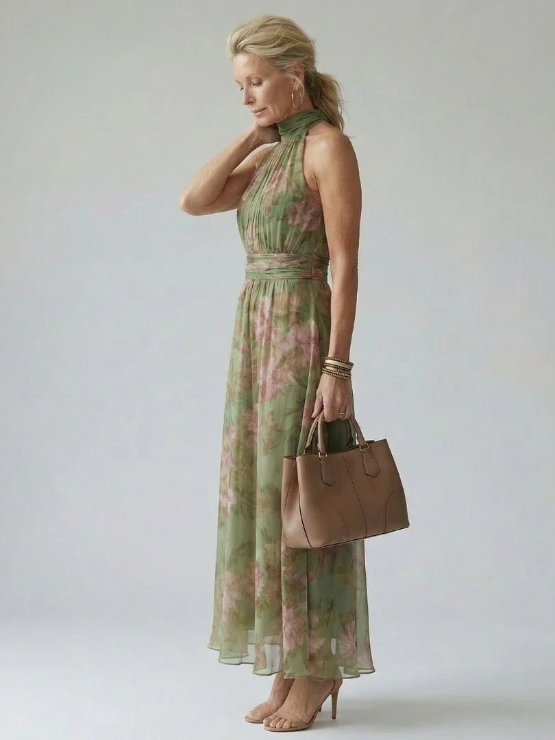 Sofie | Halter Midi Jurk Geplooid Lijfje
