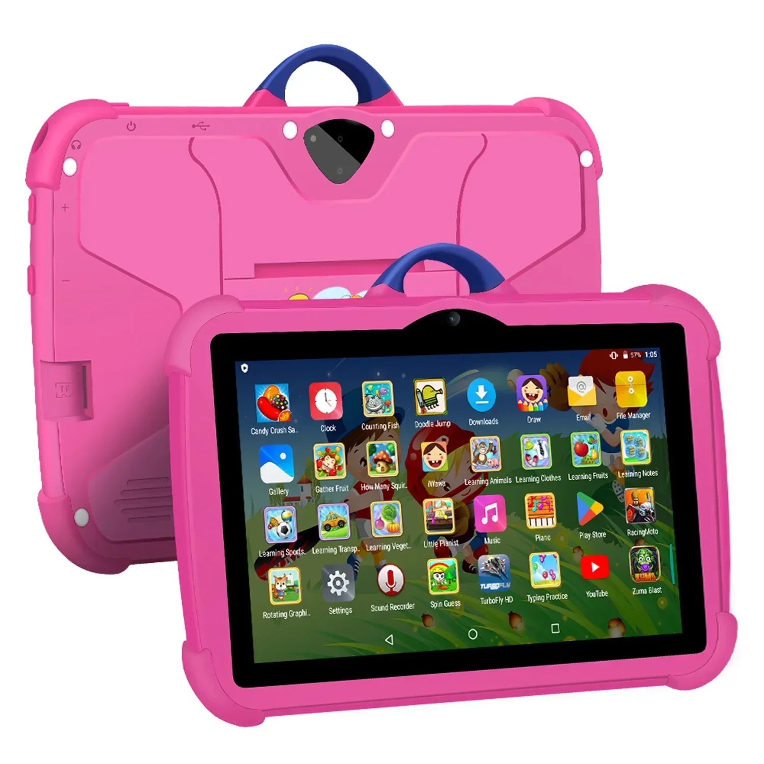 Roze kindertablet 7 inch met cartoonpatroon en Android 64GB opslag, voorzien van handvatten en beschermhoes
