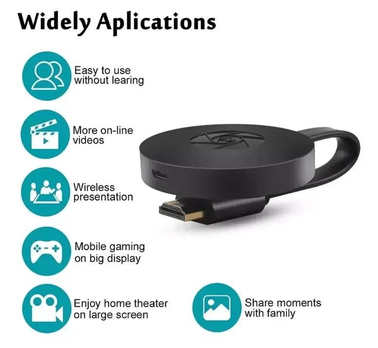 Compacte zwarte Chromecast streamer met USB-kabel en compatibiliteit voor Mac, iOS, Android en Windows apparaten