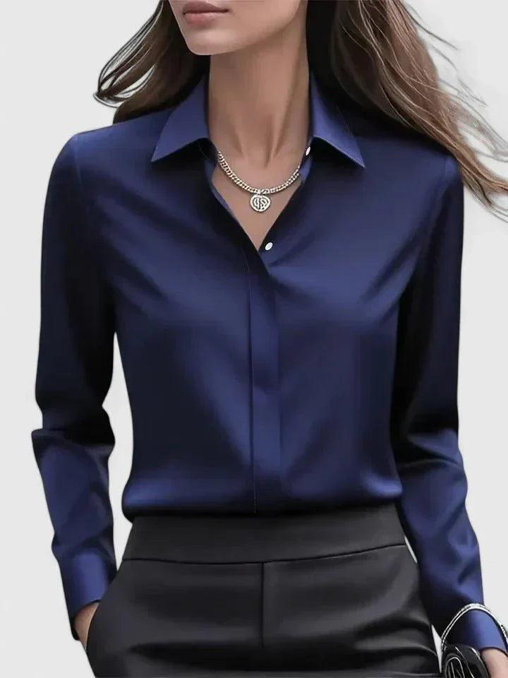 Sophie | Dames Elegante Satijnen Blouse Verborgen Knoopsluiting Marineblauw