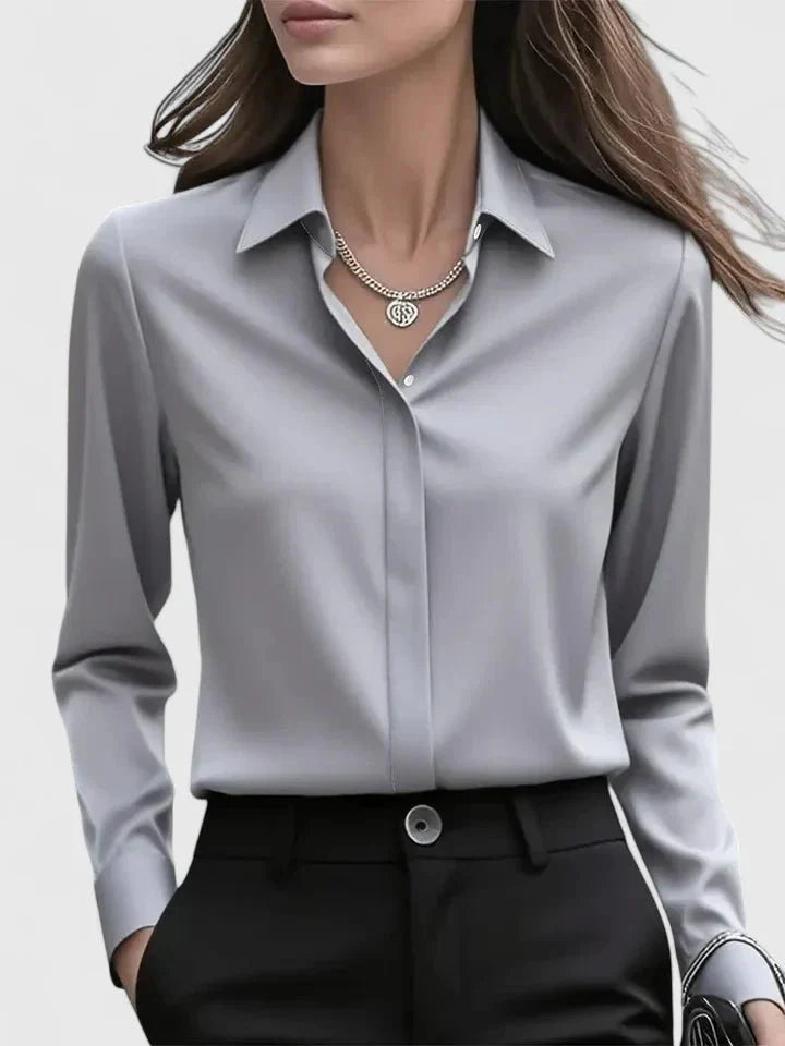 Sophie | Dames Elegante Satijnen Blouse Verborgen Knoopsluiting Grijs