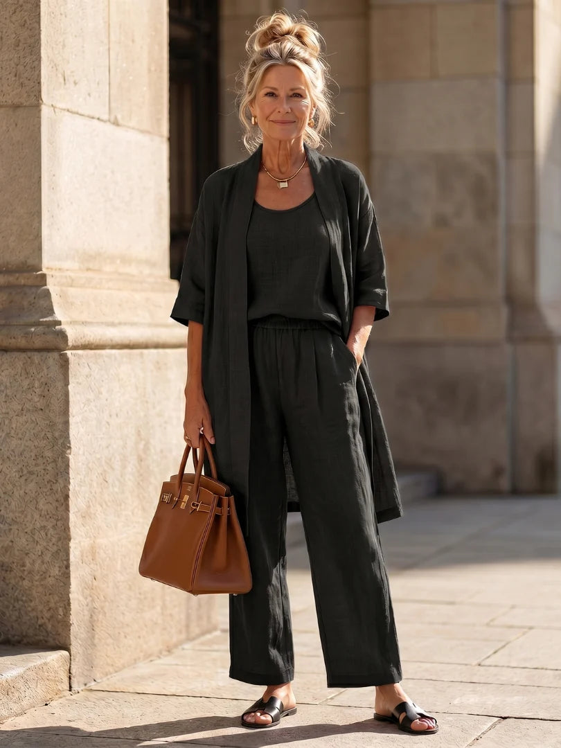 Volledige linnen set dames met open cardigan en elastische broek vooraanzicht