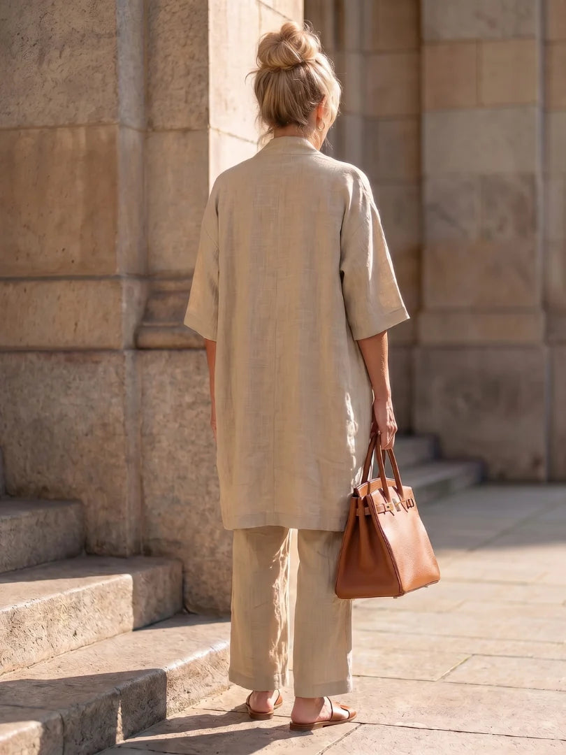 Dames zomer co-ord set driedelig in linnen textuur volledig beeld