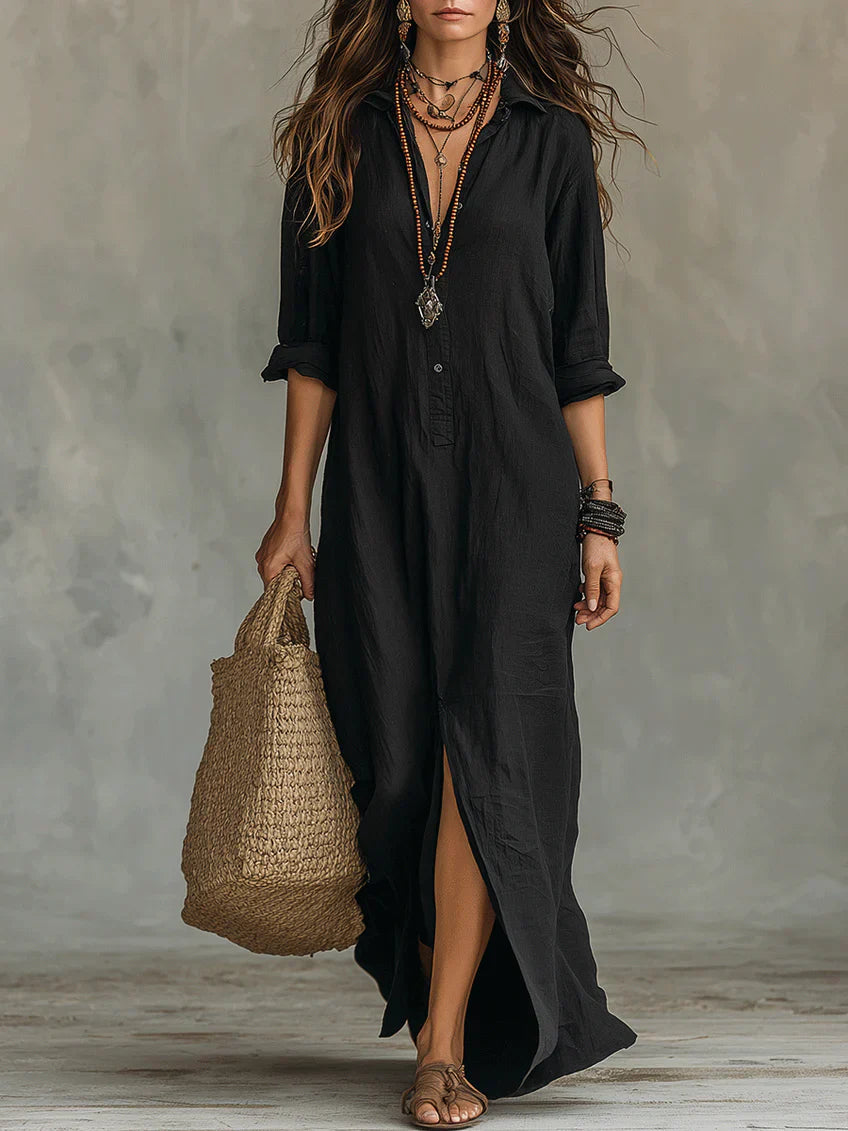 Sophie | Dames Maxi Jurk met Overhemdkraag Zwart