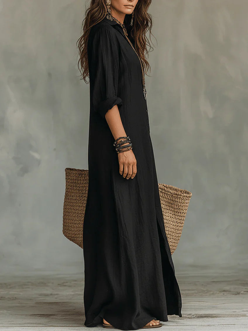 Losvallende maxi jurk met oprolbare mouwen en knoopsluiting aan de voorzijde, bohemian stijl