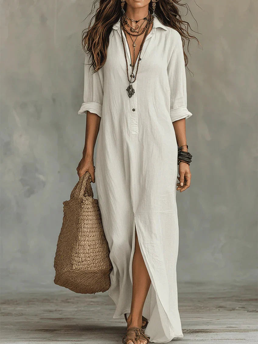 Sophie | Dames Maxi Jurk met Overhemdkraag Wit