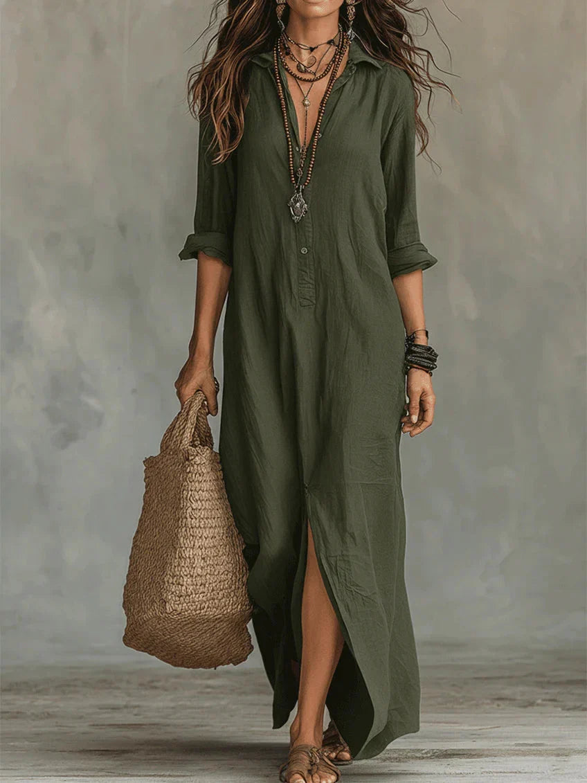 Sophie | Dames Maxi Jurk met Overhemdkraag Groen