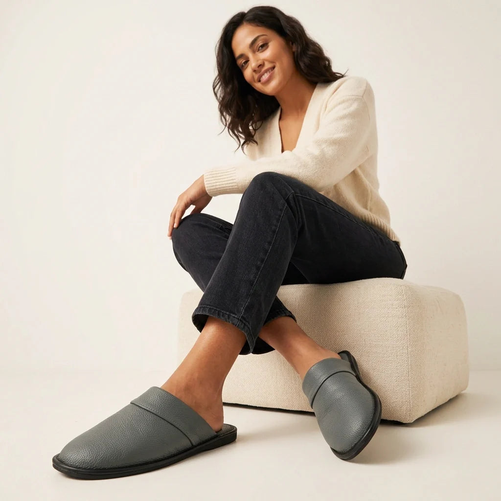Instapmodel leren slippers voor dames in bordeauxrood met ruime opening
