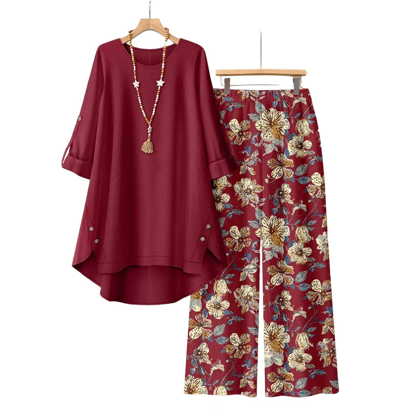 Beige tuniek met verstelbare mouwen en wijde bloemenbroek, complete tweedelige dames set voor zomerse dagen