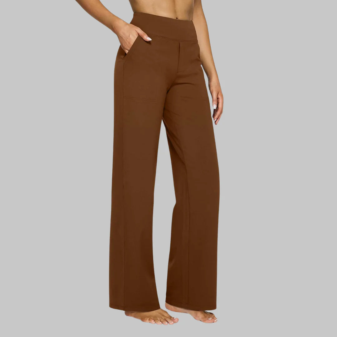 Dames flared stretchbroek hoge taille voorkant met vloeiend silhouet en comfortabele snit