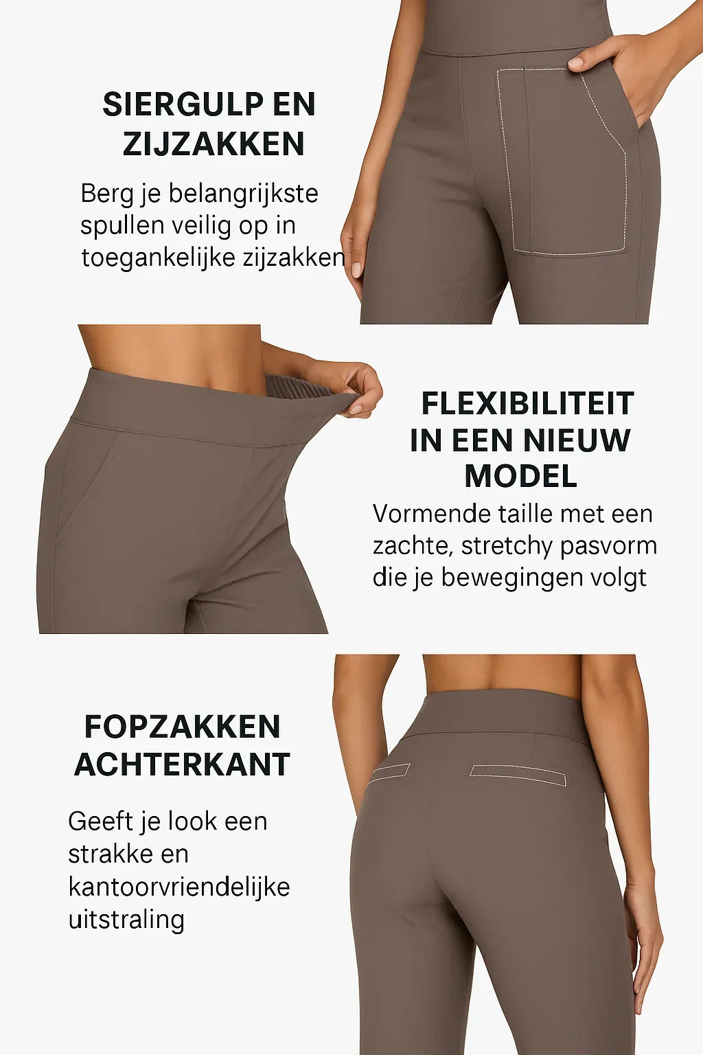 Dames flared stretchbroek hoge taille gedragen door model met casual styling en zachte uitstraling