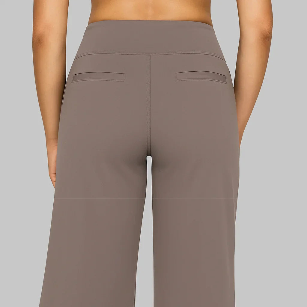 Dames flared stretchbroek hoge taille voorkant met vloeiende pasvorm en lange pijpen