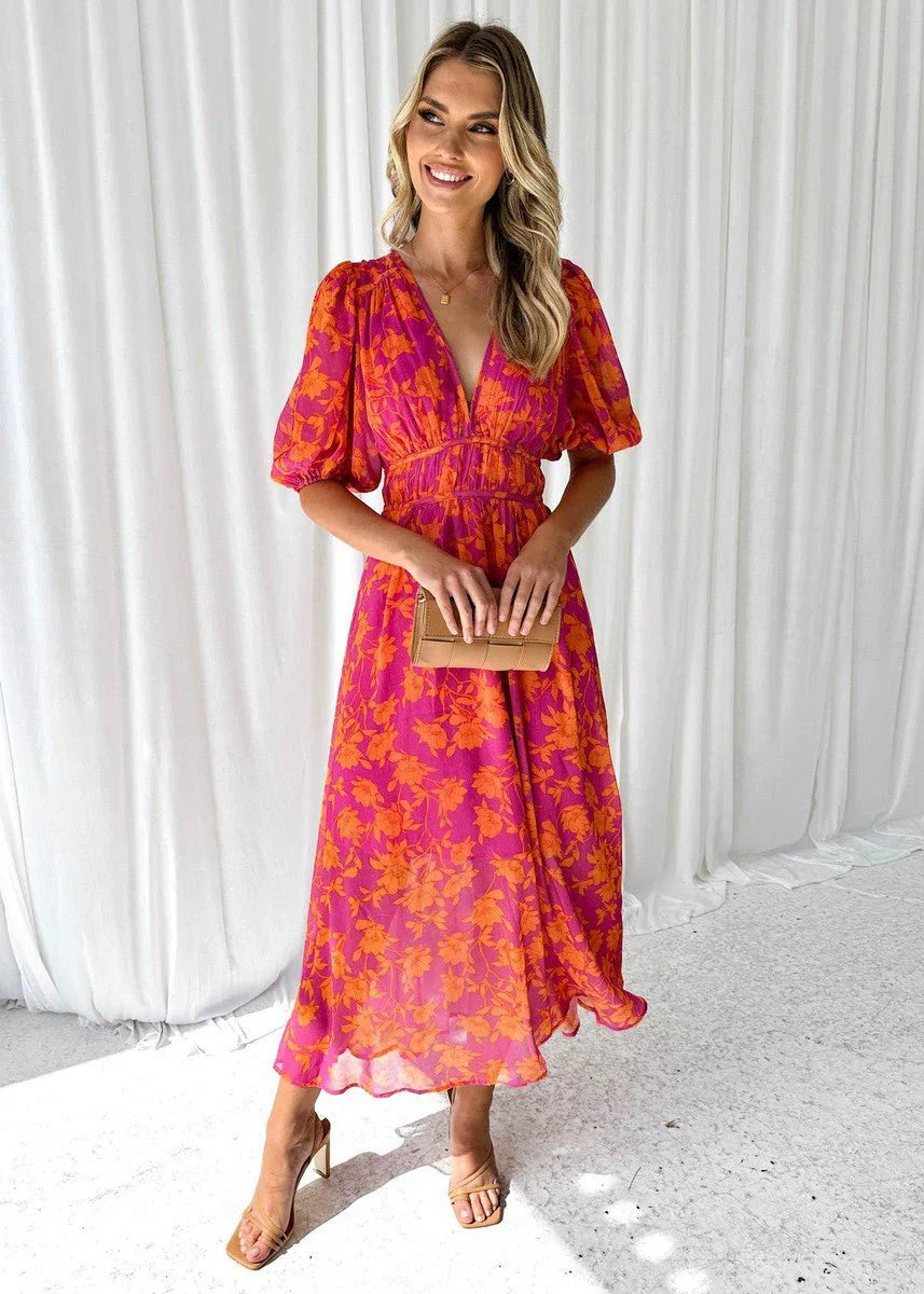 Suze | Dames Luchtige Midi Jurk Bloemenprint Pofmouwen V-hals Roze-Oranje