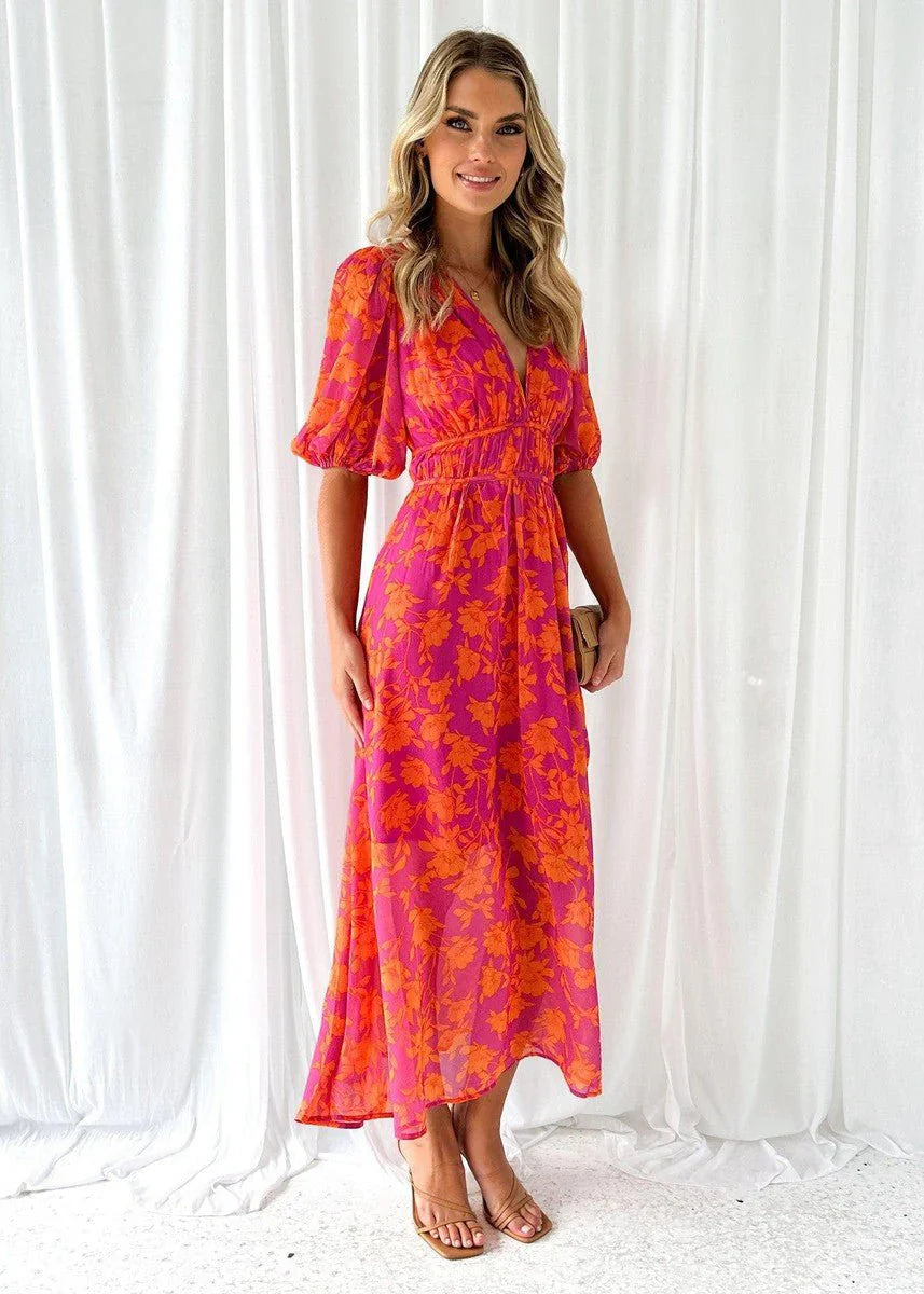 Suze | Dames Luchtige Midi Jurk Bloemenprint Pofmouwen V-hals