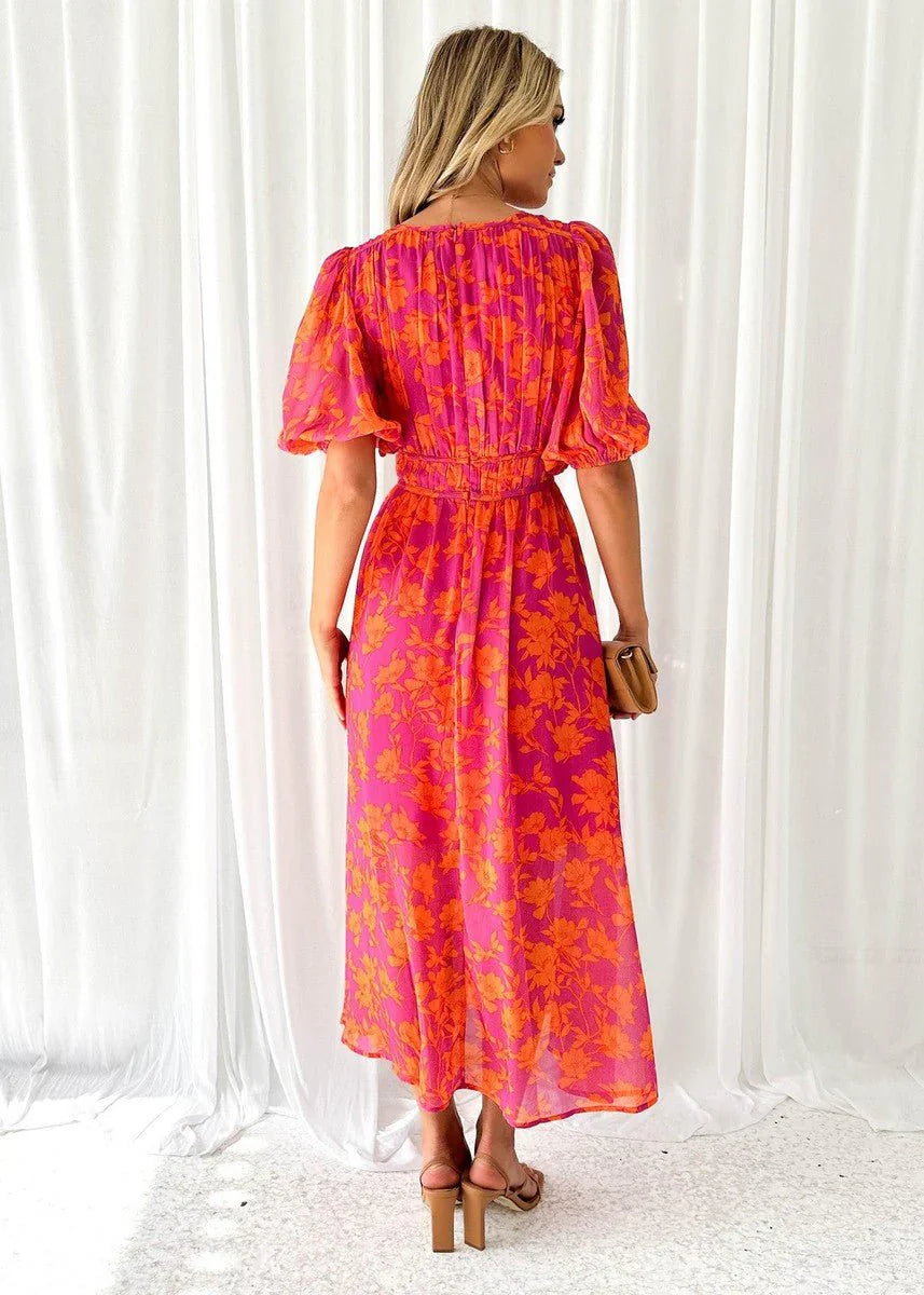 Suze | Dames Luchtige Midi Jurk Bloemenprint Pofmouwen V-hals