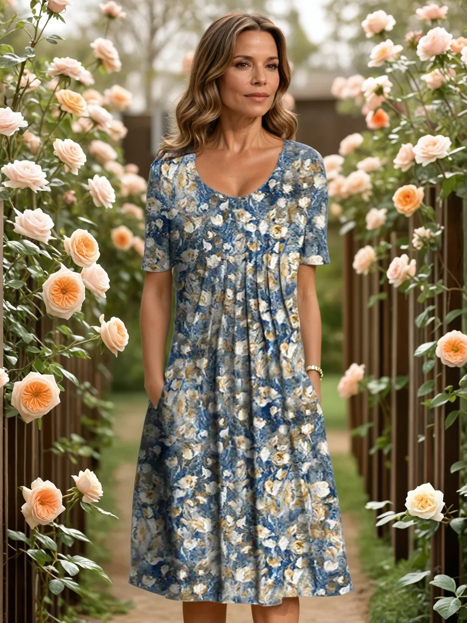Suze | Dames V-hals Bloemen A-lijn Midi Jurk Lichtblauw Bloemdessin