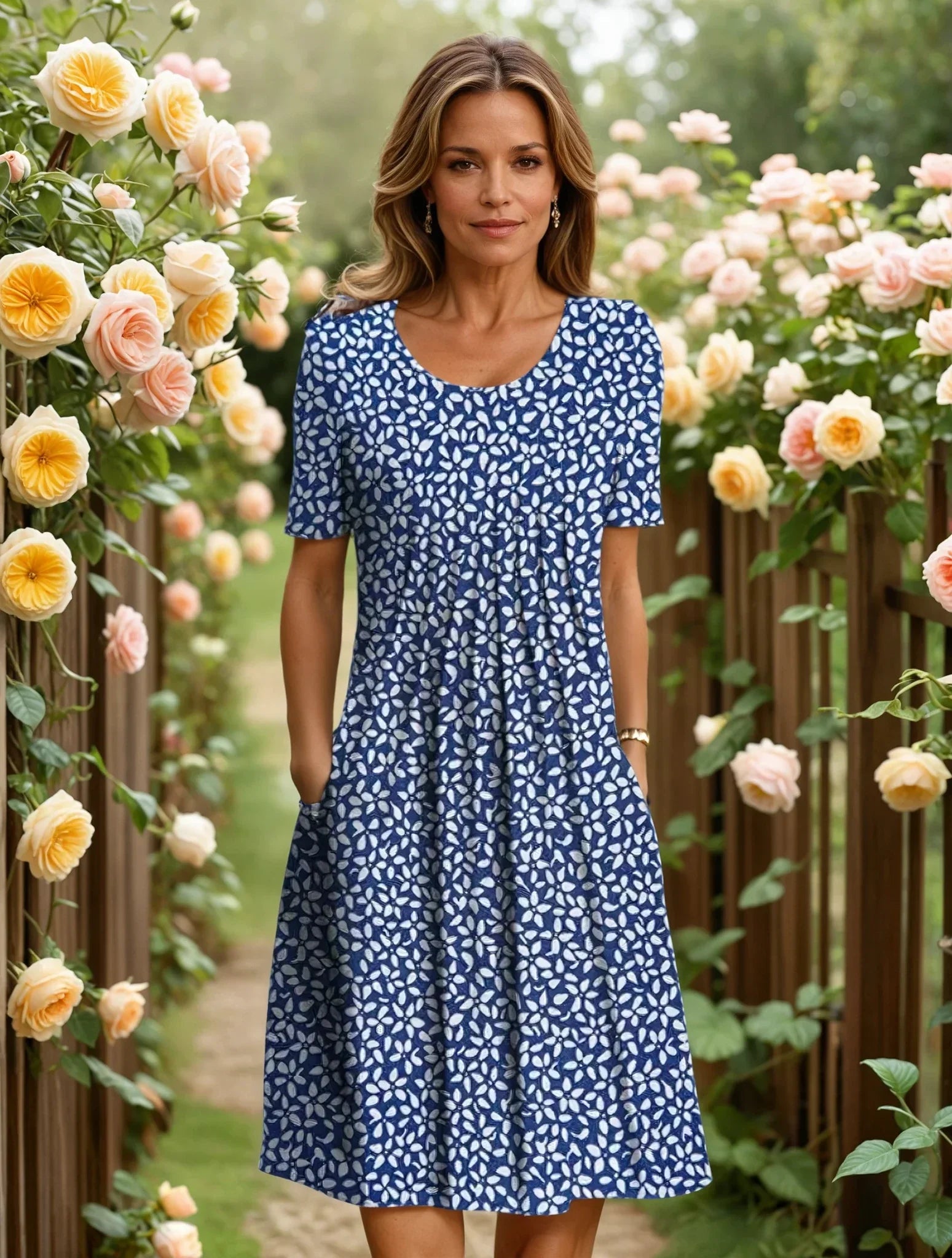 Suze | Dames V-hals Bloemen A-lijn Midi Jurk Blauw Bloemdessin