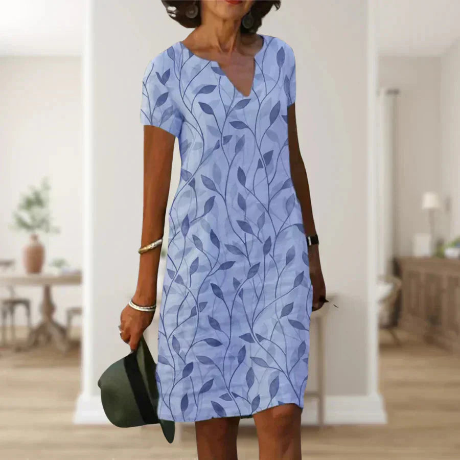 Tess | Dames V-hals Bladprint A-lijn Knielengte Jurk Blauw