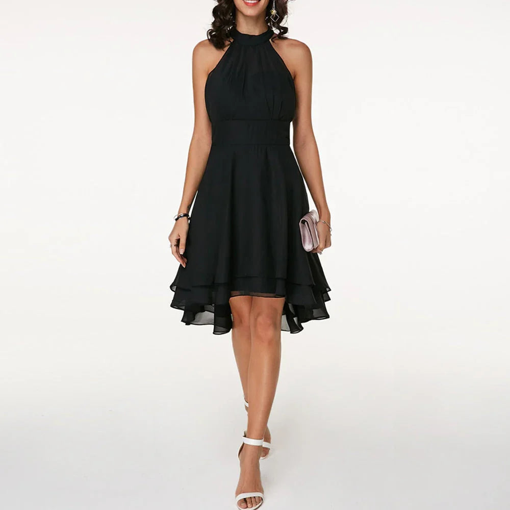 Tessa | Halter Midi Jurk met Gelaagde Zoom Zwart