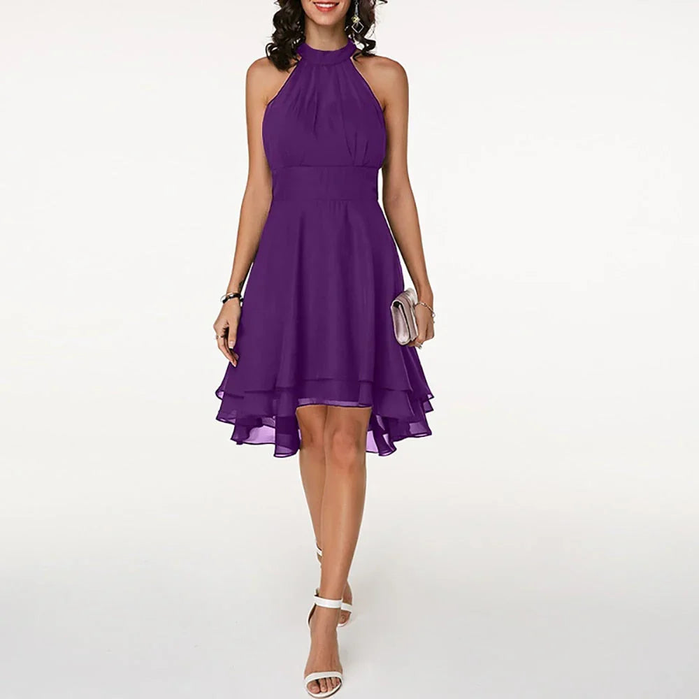 Tessa | Halter Midi Jurk met Gelaagde Zoom Paars