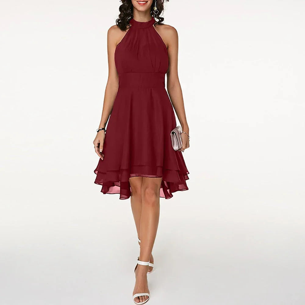 Tessa | Halter Midi Jurk met Gelaagde Zoom Rood