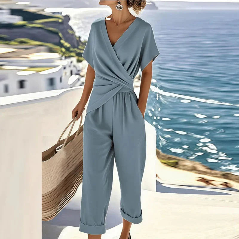 Vera | Jumpsuit met V-hals en Cropped Pijpen Blauw