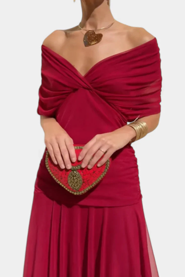 Yara | Dames Maxi Jurk met Off-shoulder V-hals Rood