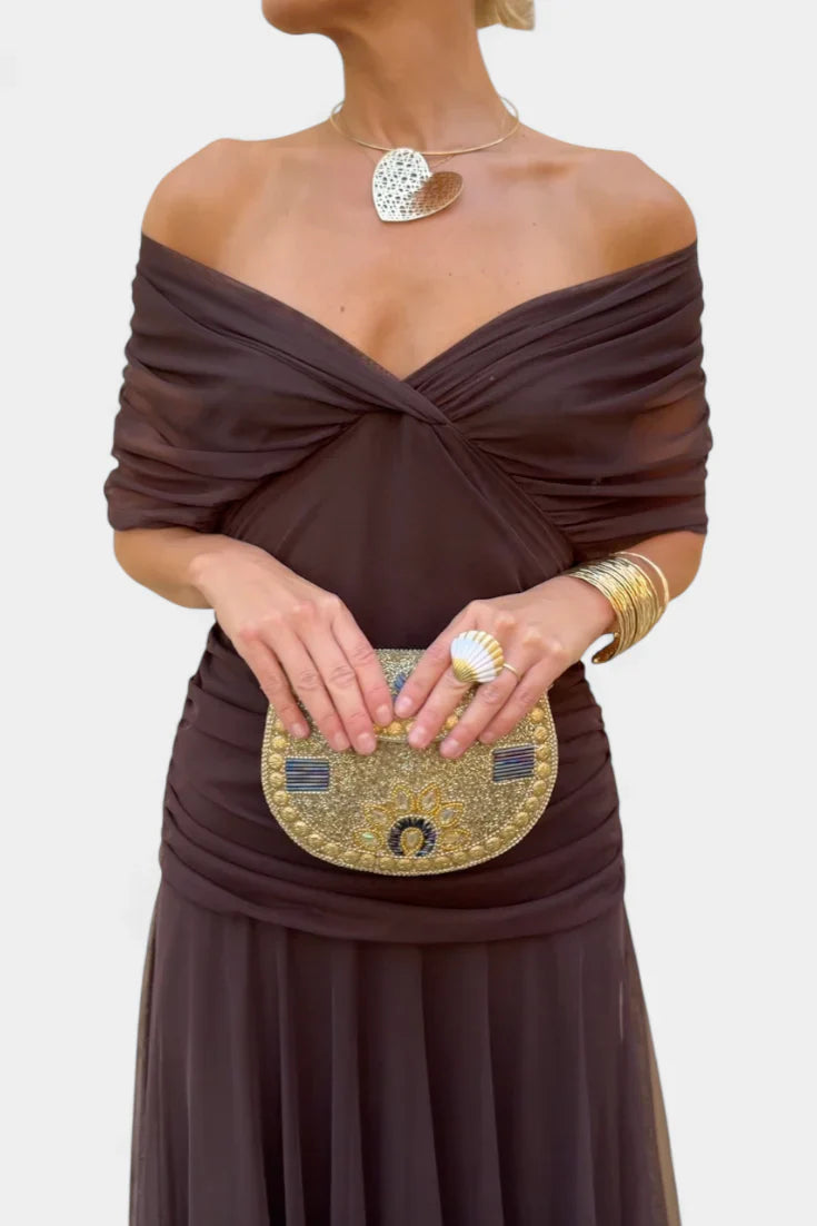 Yara | Dames Maxi Jurk met Off-shoulder V-hals Bruin
